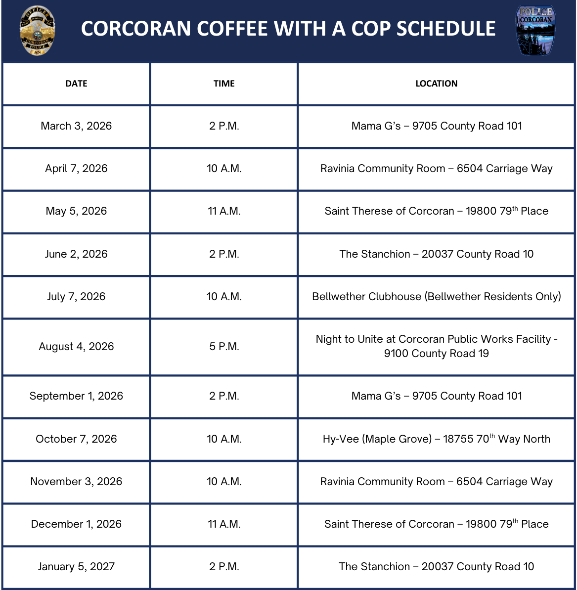 Coffee With a Cop Schedule (Table for Website)